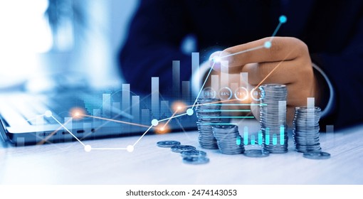 Money business financial graph diagram of coin. Financial growth data or investment market profit bar and success report.Saving money concept.Stack of coins with trading price graph growth.