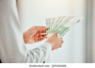 Money, Cash Or Stack Of Notes For Investment, Finance And Savings Hands Counting Budget Or Financial Growth. Many Bills For Paying, Buying And Spending Or Wise Person Or Entrepreneur Holding Profit