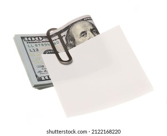 Money Cash US Dollars Clip With  Blank Ivory Paper Stick Note Isolated On White