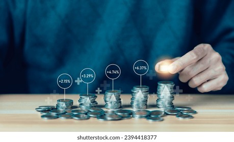 money coin has an increase arrow. percent profit fund high up in the stock market. concept of financial save money and index fund growth investment, business success in the future. income pension.