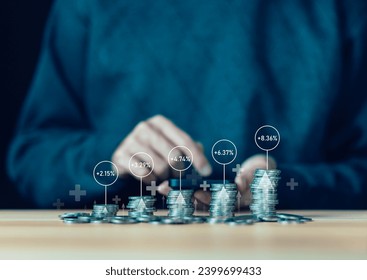 money coin has an increase arrow. concept of percent profit fund high up in the stock market, financial save money and index fund growth investment, business success in the future, income pension.
