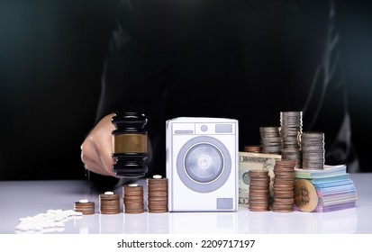 Money Coin stack to Washing Machine to laundering to big Investment Asset. Laundry illegal money Concept. Financial Wealth Tax economy is fraud dirty dollar to Success rich business man, copy space - Shutterstock ID 2209717197