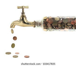 Money coins fall out of the golden water tap