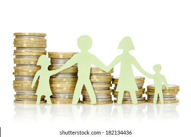 Money Concepts. Paper Family And Stacks Of Coins On White Background