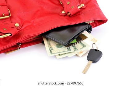  Money, Credit Card And Car Key In Te Red Bag. Woman Ready For Shopping. Isolated On White