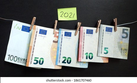 Money Or Currency; Euro Banknote On Black Background. ; Concept For Budget And Forecast Year 2021