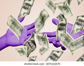 Money, Dollar, Cash And Human Hands. Painted Hands Catching Money On Bright Background,