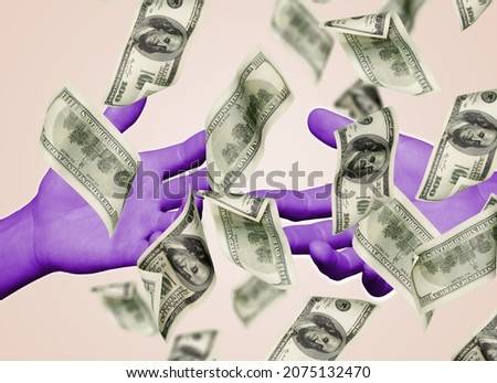Money, dollar, cash and human hands. Painted hands catching money on bright background,