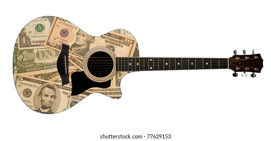 money dollars on acoustic guitar with clipping path