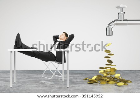Money dripping concept with faucet and businessman resting on a chair