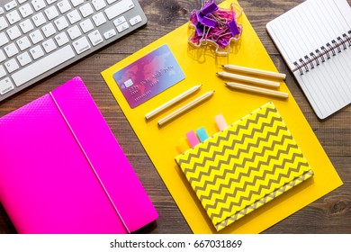 Money For Education Concept. Credit Card, Notebook And Keyboard On Wooden Table Top View