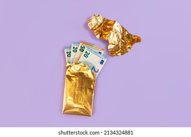 Money Euro Banknotes In Gold Foil Packaging From Chocolate