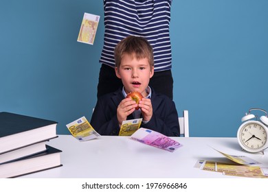 Money In Euros For Teaching Children During School Lessons. Concept Of Problems With Money For Food And Education, Blue Background