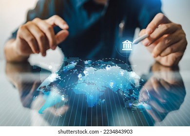 Money exchange abroad with business data ai technology. Concept for digital money transfer by internet banking and world economic financial investment trading. 3D illustration. - Powered by Shutterstock