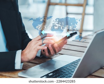 Money exchange, currency transfer with online banking and interbank payment concepts. Exchange arrow with many currency icon and world map virtual on smart mobile phone in businessman's hands. - Powered by Shutterstock