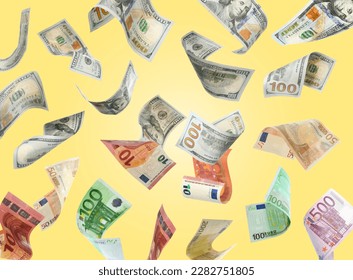 Money exchange. Dollar and euro banknotes falling on light yellow background - Shutterstock ID 2282751805
