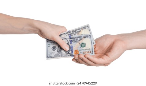 Money exchange. Man giving dollar banknotes to woman on white background, closeup - Powered by Shutterstock