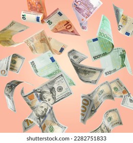 Money exchange. Many dollars and euro banknotes falling on pale coral background - Shutterstock ID 2282751833