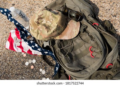 Money, Eye Glases American Flag And Bag Close To Beach In La Jolla, San Diego, California, USA 