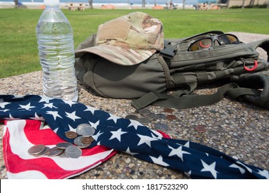 Money, Eye Glasses American Flag And Bag Close To Beach In La Jolla, San Diego, California, USA 