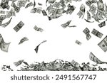 Money fall wallpaper background with US dollar bills. Flying, levitating american cash. Falling hundreds usd dollars banknotes.