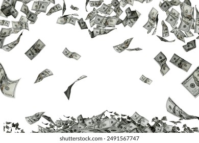 Money fall wallpaper background with US dollar bills. Flying, levitating american cash. Falling hundreds usd dollars banknotes.