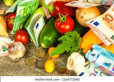 Money For Farmers. Subsidies For Agriculture. Financing Of Vegetable Growing. Valid Euro Banknotes And Coins. Sale Of Vegetables