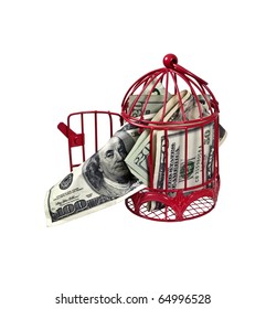 Money Flying The Coop Shown By Money Coming Out Of A Birdcage - Path Included