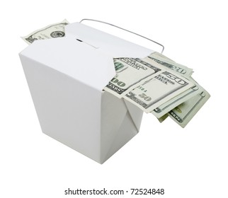 Money In The Form Of Many Large Bills Left As A Tip In A Take Out Box - Path Included