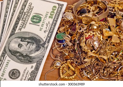 Money And Gold Jewelry Close Up/ Cash For Your Gold Jewelry 