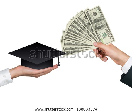 Money, graduation hat, hands. Isolated.