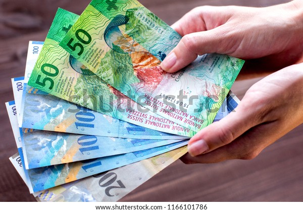Money in hand.\
Poverty and wealth. Swiss\
francs