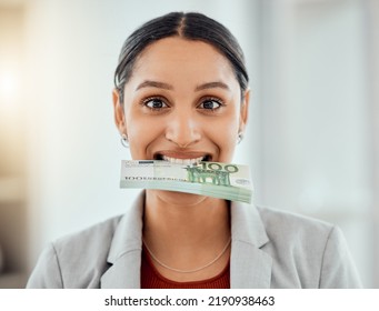 Money, Happy And Smiling Business Woman Expressing Spending Cash For A Dental Plan. Female Showing Her Wealth Of Saved Income, Planning Finance And Budget For Investment Or Growth For Sustainability