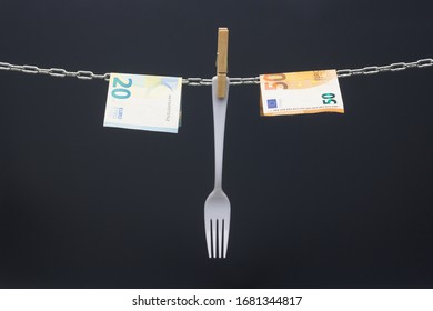 Money Held In A Chain Or Hung On A Chain; Paper Money Legal Tender; Euros, Currency Of The European Economic Community, Common Market.