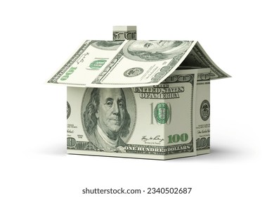 Money house dollar bill real estate isolated on white business finance wealth investment currency background of residential building property home mortgage concept or financial economy banking market.