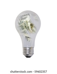 Money Ideas Shown By A Round Glass Lightbulb Filled With Money - Path Included