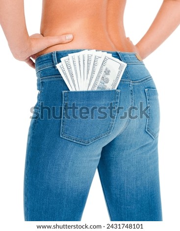 Money, jeans and fashion for rich female, luxury and expensive clothing on white background. Dollars, cash and back pocket with fit buttocks of woman model, pay and quality designer in studio