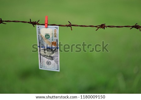 Money Laundering. Money Laundering US Dollar Hung Out To Dry. 100 Dollar Bill Hanging On Rusty Barbed Wire
