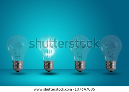 Money making idea. Dollar symbol glow among other light bulb on a blue background