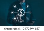 Money Management and Financial Planning Concept. Businessman with digital interface icons related to money management, financial planning, budgeting, illustrating various aspects of personal finance,