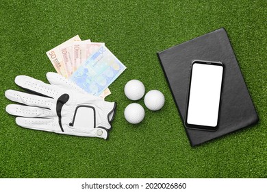 Money, Mobile Phone And Golf Glove On Color Background. Concept Of Sports Bet