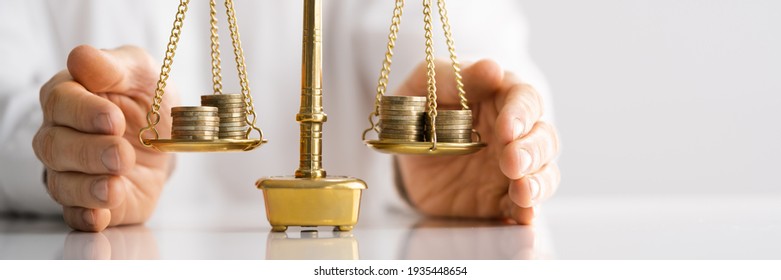 Money On Justice Scale. Lawyer Protecting Wealth Balance