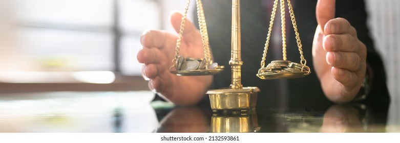 Money On Justice Scale. Lawyer Protecting Wealth Balance