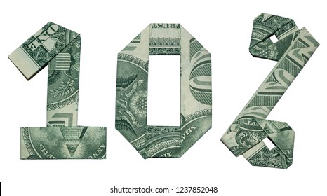 Money Origami 10 Percent Sale Sign Folded With 3 Real One Dollar Bills Isolated On White Background