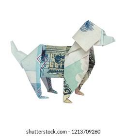 Money Origami Blue DOG Folded With 50 Russian Rubles Bill Isolated On White Background