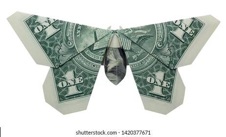 Money Origami BUTTERFLY Folded With Real One Dollar Bill Isolated On White Background