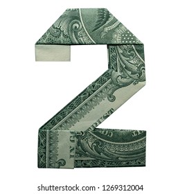 Money Origami DIGIT 2 Number Folded With Real One Dollar Bill Isolated On White Background