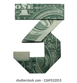 Money Origami DIGIT 3 Number Folded With Real One Dollar Bill Isolated On White Background