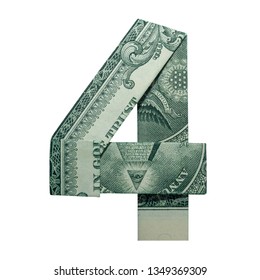 Money Origami DIGIT 4 Number Folded With Real One Dollar Bill Isolated On White Background