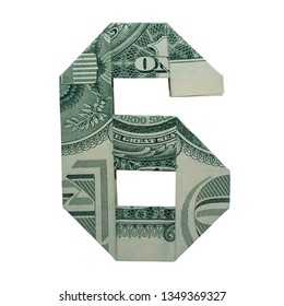 Money Origami DIGIT 6 Number Folded With Real One Dollar Bill Isolated On White Background